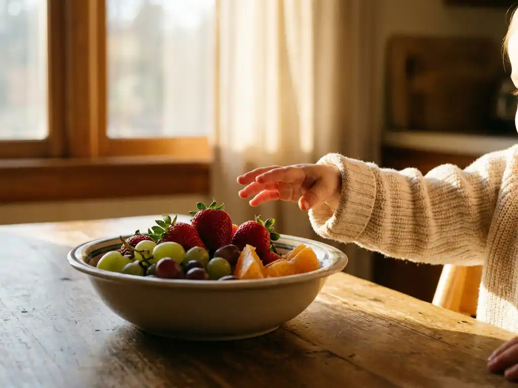 Jong kind dat aarzelend zijn vingers uitstrekt naar verse aardbeien, druiven en sinaasappelschijfjes op een houten keukentafel.