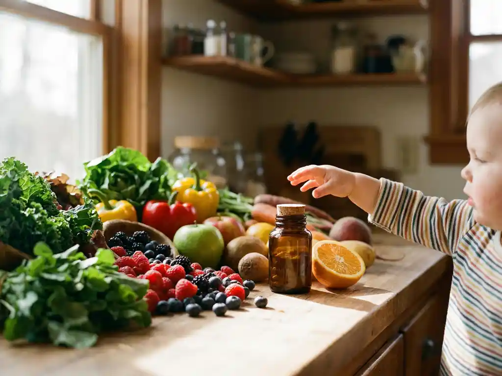 Klein kinderhands reikt naar kleurrijke groenten en fruit op een keukentafel, naast een glazen flesje supplement en een halve sinaasappel.