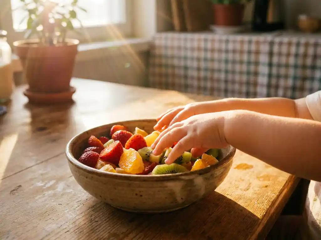 Klein kind dat met beide handjes reikt naar een kleurrijke kom met aardbeien, sinaasappel en kiwi in warm ochtendlicht.