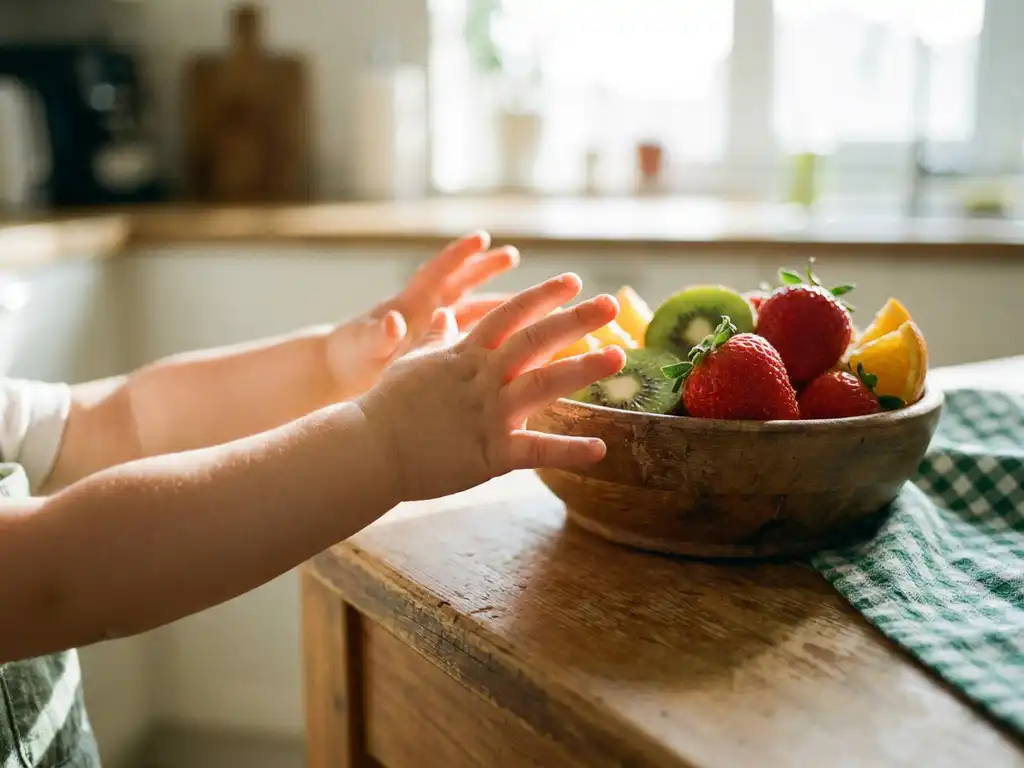Klein kind reikt naar vers fruit: aardbeien, kiwiplakjes en sinaasappelpartjes op een houten tafel in natuurlijk daglicht.