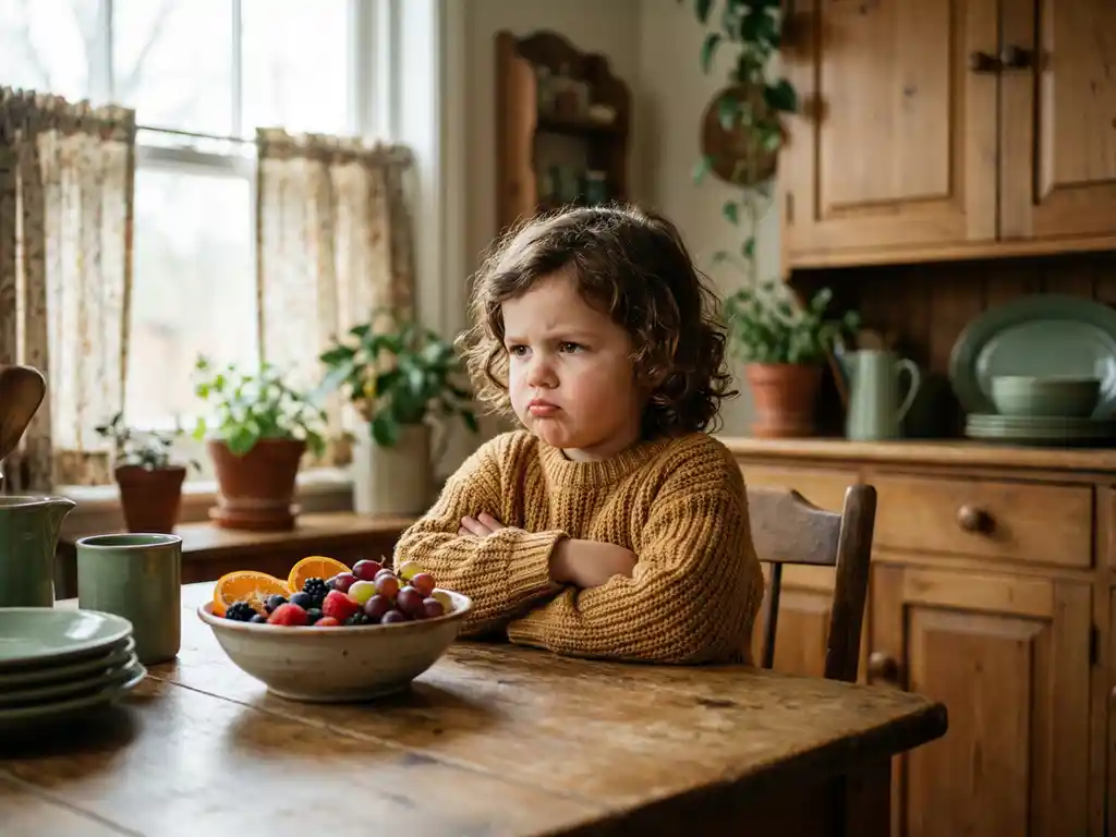 Kind zit met gekruiste armen afgewend van een kleurrijke fruitschaal op een houten keukentafel, natuurlijk daglicht.