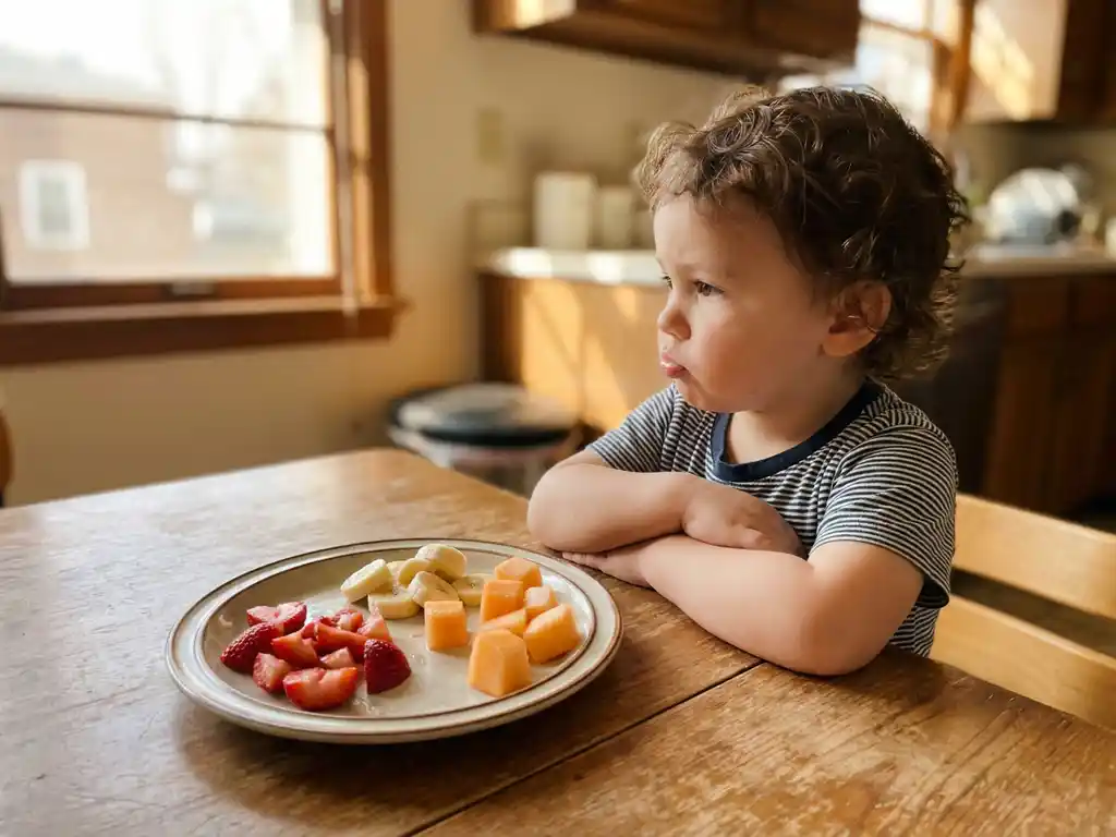 Jong kind zit met gekruiste armen afgewend van een kleurrijk bord met aardbeien, bananaplakjes en meloenblokjes op een houten tafel.