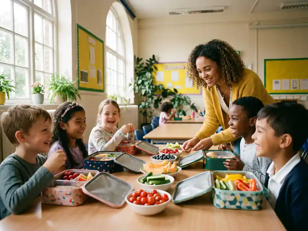 Kinderen eten kleurrijk fruit en groenten in een zonnige schoolkantine, met een glimlachende leraar op de achtergrond.