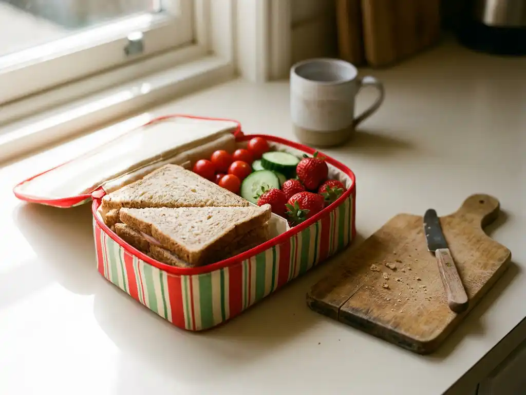 Kleurrijke kinderlunchbox met boterhamdriehoekjes, cherrytomaatjes, komkommerschijfjes en aardbeien op een zonnig keukenblad.