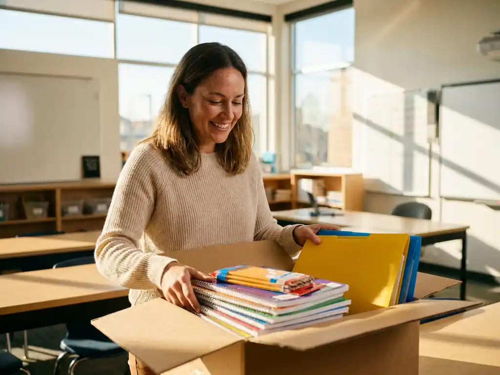Blije leraar opent doos met schoolspullen zoals notitieboekjes en potloden in een zonnig modern klaslokaal.