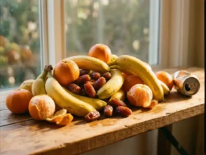 Verse bananen, sinaasappels en dadels op een houten tafel in goudkleurig licht, met een verfrommeld energiedrank blikje op de achtergrond.