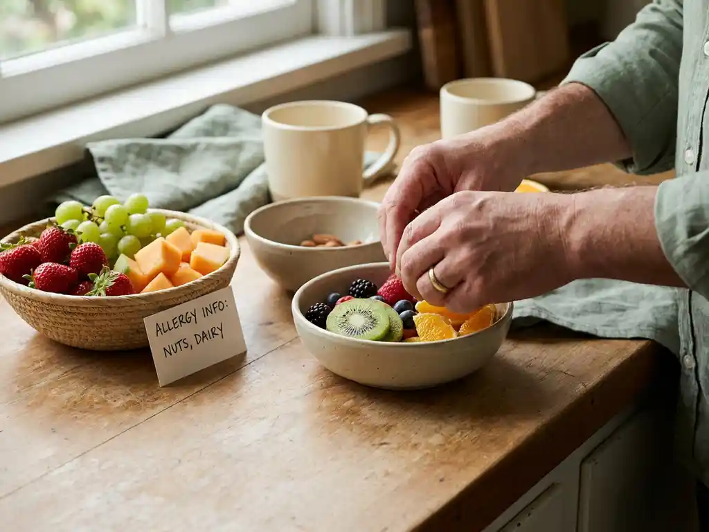 Handen van een bezorgde ouder die vers fruit sorteert naast een allergie-informatiekaart en een kom met aardbeien, druiven en meloen.