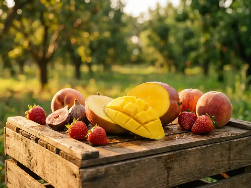 Doorgesneden rijpe mango met goudgeel vruchtvlees, omringd door aardbeien, vijgen en perziken op een verweerde houten kist bij gouden-uurlicht.