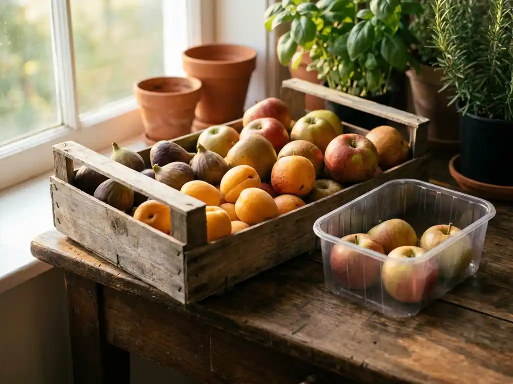 Houten krat vol verse vijgen, abrikozen en erfgoedappels naast een plastic supermarktschaal op een rustieke houten tafel.