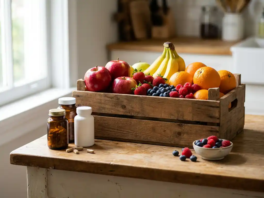 Kleurrijke fruitdoos vol sinaasappels, bananen, appels en bessen naast supplementpotjes op een houten keukenblad.