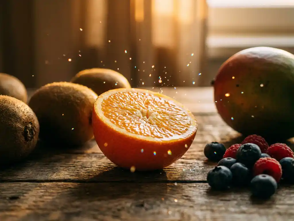 Doorgesneden sinaasappel op houten ondergrond in warm zonlicht, omringd door kiwi, bessen en mango met glisterende sappige texturen.
