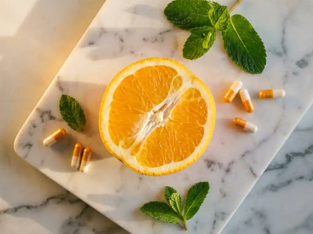 Gehalveerde sinaasappel op wit marmer met vitaminecapsules en verse muntblaadjes in warm zijlicht.