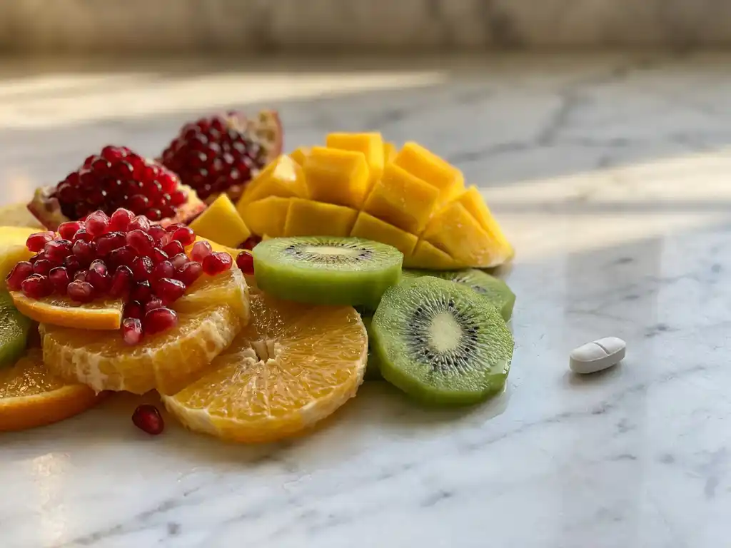 Kleurrijke schijfjes tropisch fruit zoals kiwi, mango, granaatappel en citrus op marmer, met één wit supplement naast het fruit.