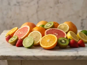 Vers gesneden citrusvruchten, kiwi's en aardbeien op wit marmer, met zichtbare sappige texturen in warm natuurlijk licht.