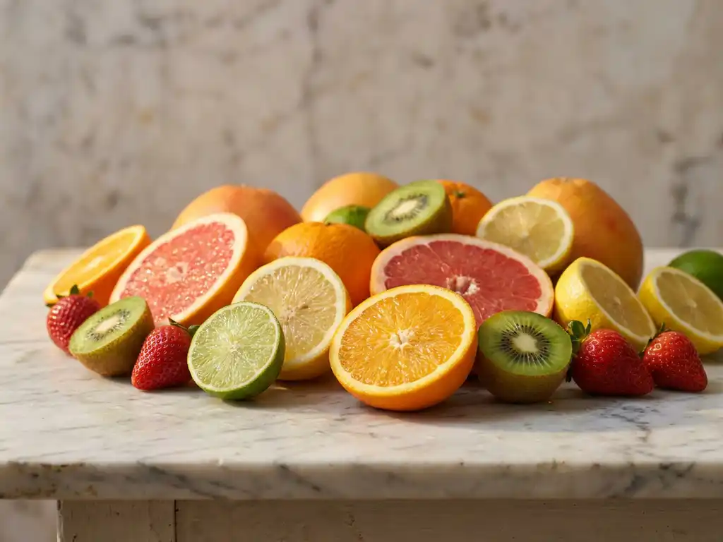 Vers gesneden citrusvruchten, kiwi's en aardbeien op wit marmer, met zichtbare sappige texturen in warm natuurlijk licht.