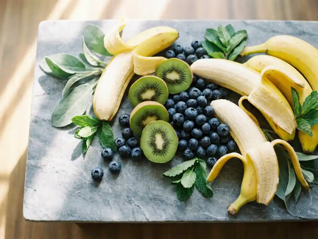 Verse bosbessen, schijfjes kiwi en rijpe bananen op een stenen ondergrond met groene blaadjes, bovenaanzicht in ochtendlicht.