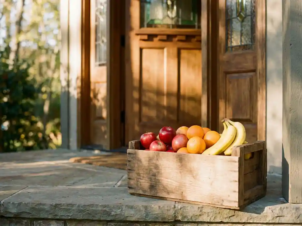 Houten krat met verse appels, sinaasappels en bananen op een drempel, warm ochtendlicht, ambachtelijke voordeur op achtergrond.