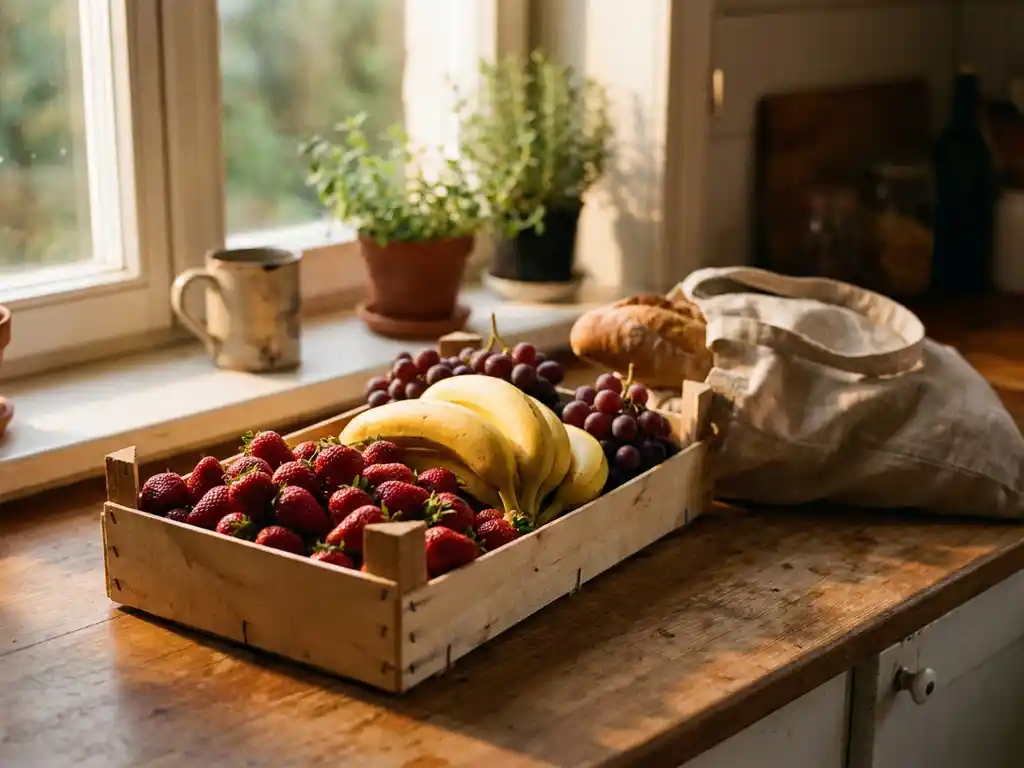 Houten krat vol verse aardbeien, bananen en druiven op een rustiek keukenblad bij een zonnig raam, met een linnen tas ernaast.