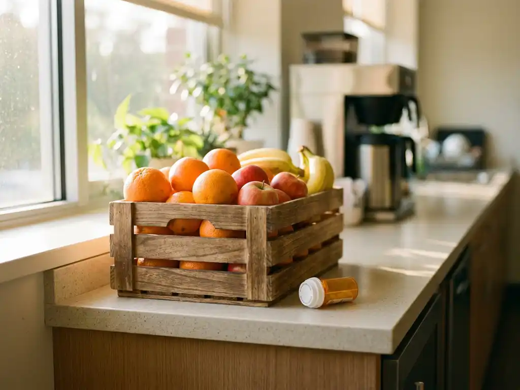 Houten krat vol verse sinaasappels, appels en bananen op een kantinetoonbank, met een omgevallen pillenflesje ernaast in warm natuurlijk licht.
