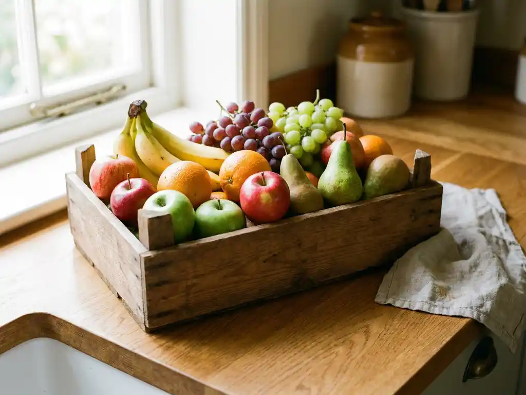 Houten krat gevuld met verse appels, bananen, sinaasappels, druiven en peren op een eiken aanrecht in natuurlijk daglicht.