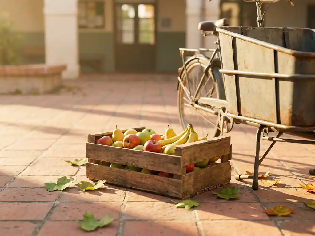 Houten krat vol verse appels, peren en bananen op een zonnig schoolplein, naast een fietsdrager met groene bladeren eromheen.