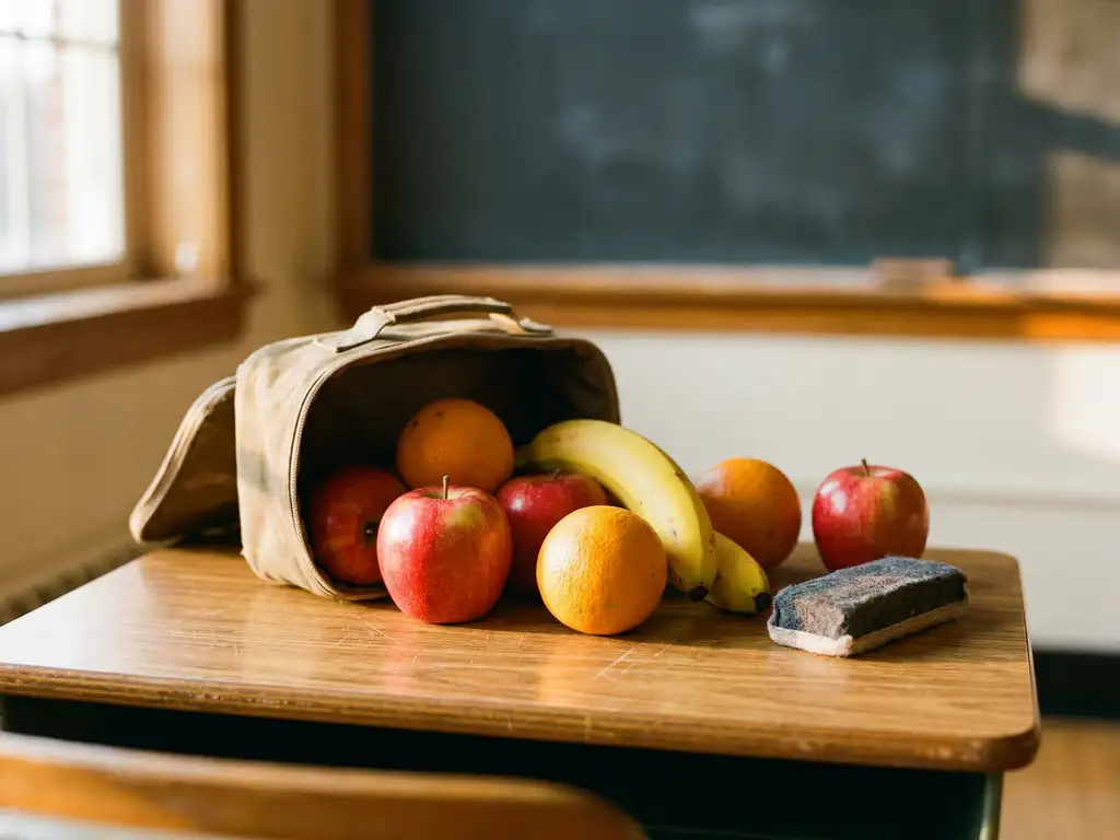 Verse appels, bananen en sinaasappels die uit een open lunchbox op een houten schoolbank vallen, warm klaslokaal licht op de achtergrond.