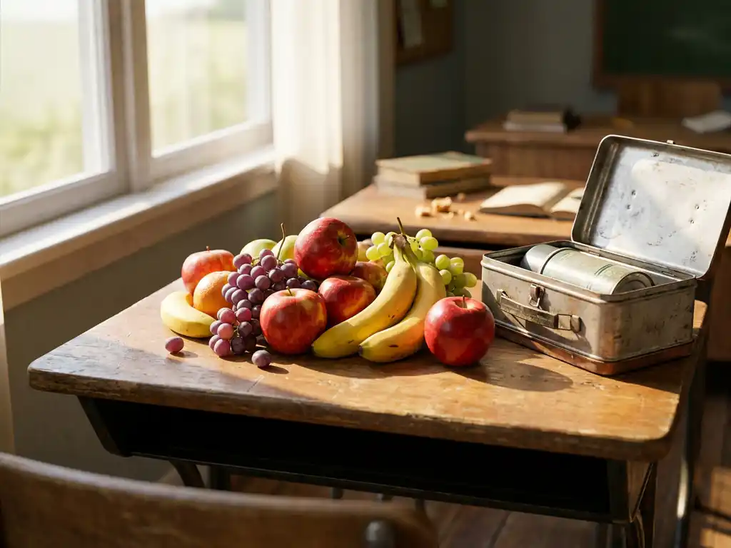 Verse appels, bananen en druiven op een houten schoolbank met een open lunchbox, verlicht door natuurlijk daglicht.