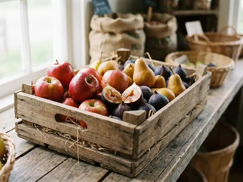 Houten fruitkist vol rode appels, gouden peren en vijgen op markttafel, met doorgesneden vrucht op voorgrond in zacht natuurlijk licht.