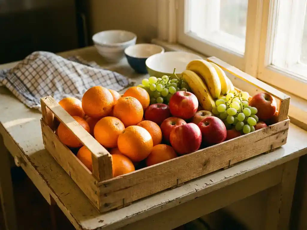Houten krat vol vers fruit — sinaasappels, rode appels, bananen en groene druiven — op een zonnige keukentafel in warm goudkleurig licht.