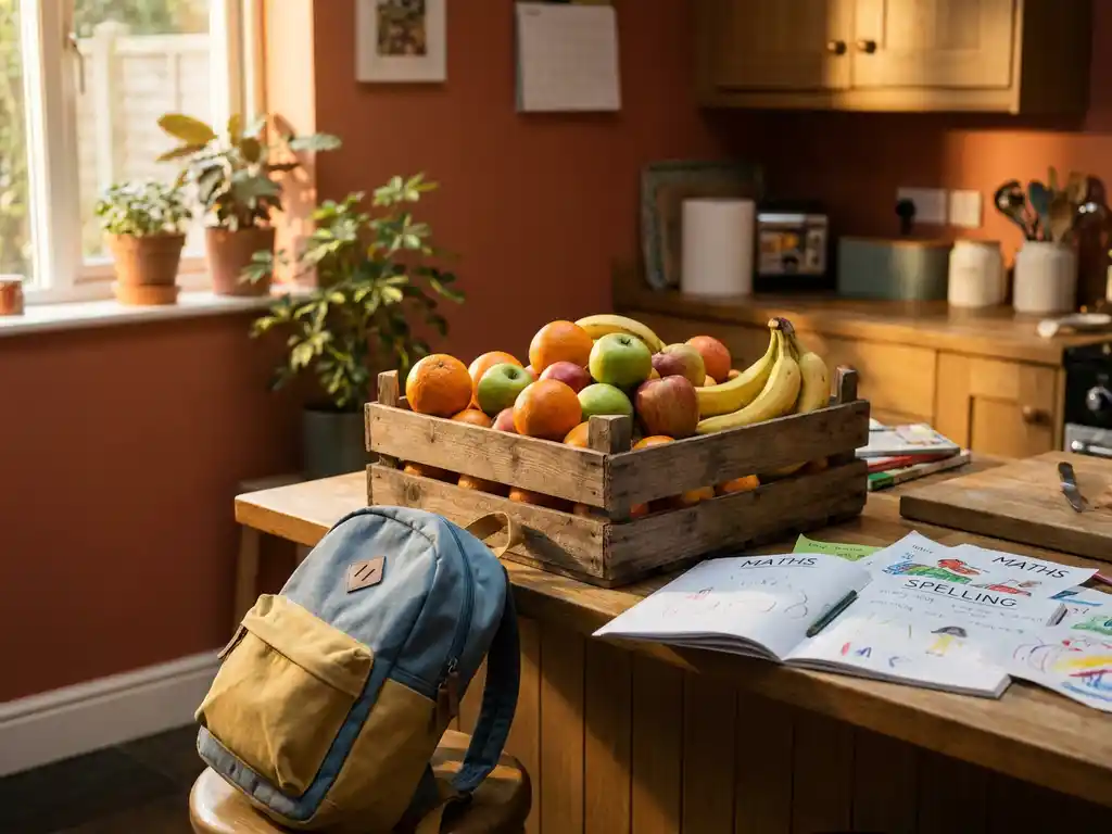 Houten krat vol sinaasappels, appels en bananen op een gezinsakeuken aanrecht, met schooltas en huiswerk op de achtergrond.