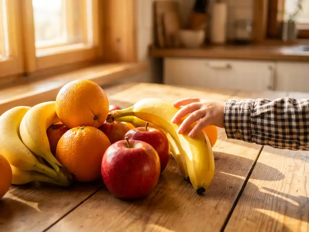 Kleurrijke stapel verse bananen, sinaasappels en rode appels op een houten keukentafel, met een kinderhands die naar een banaan reikt in warm ochtendlicht.