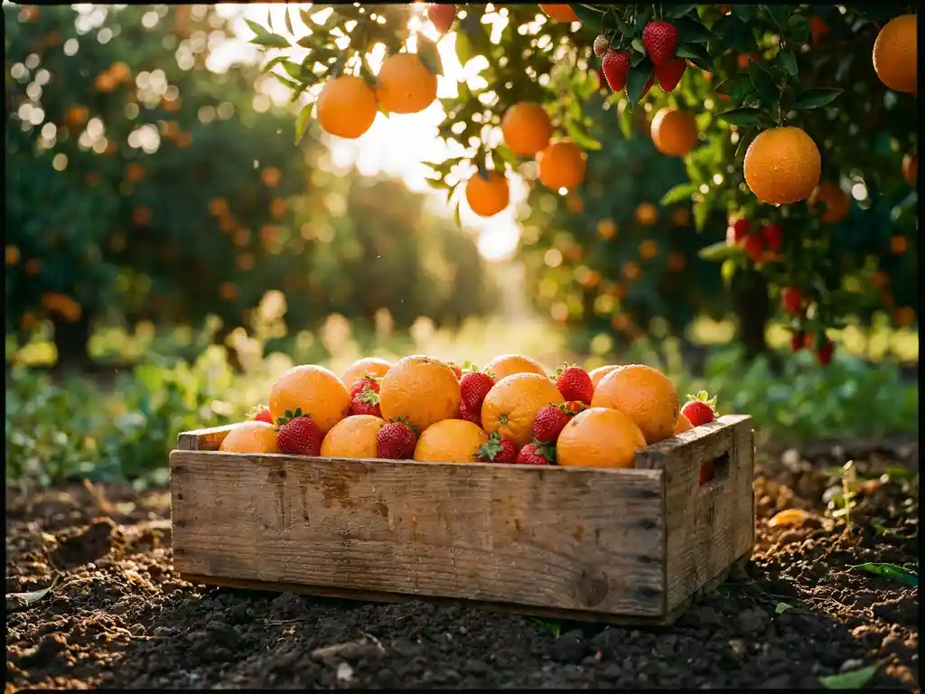 Versgeoogste sinaasappels en aardbeien in een houten kist op donkere aarde, glanzend van ochtenddauw in een zonnige boomgaard.