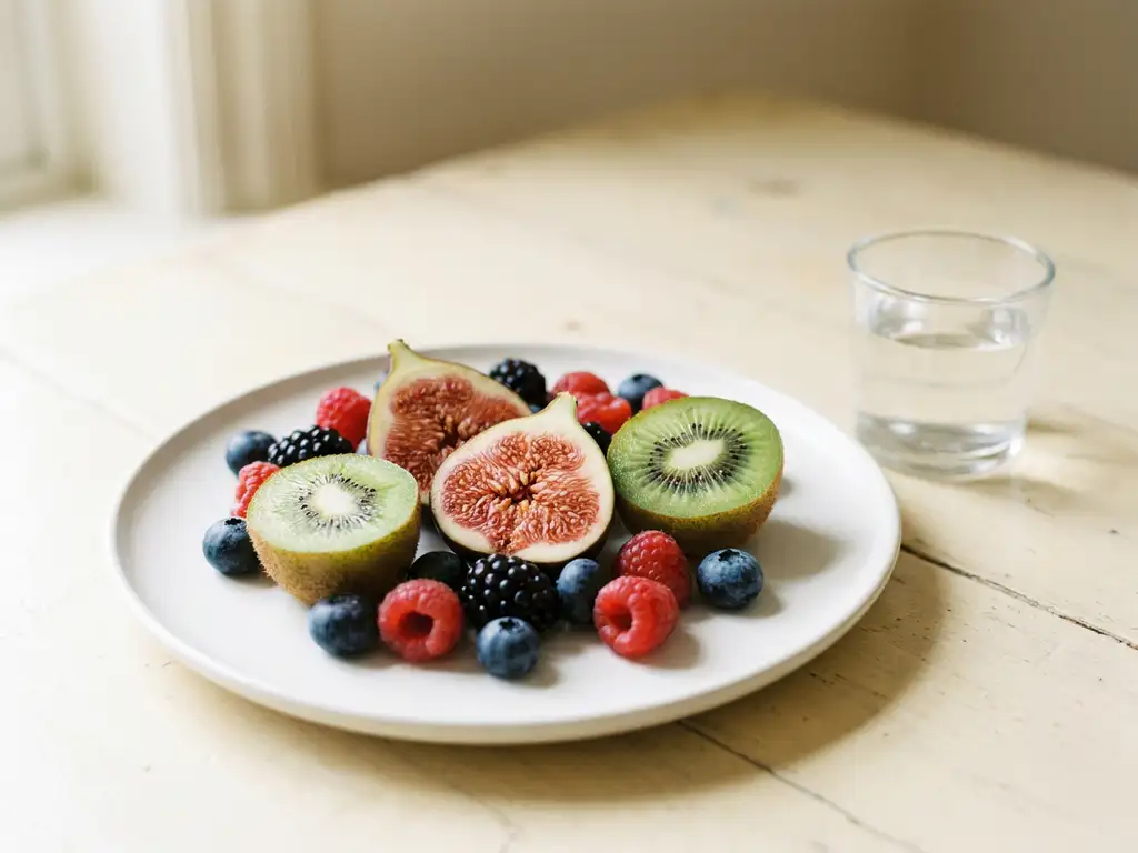 Doorgesneden vijgen, kiwi's en bessen op wit keramiek met een glas water, verlicht door zacht natuurlijk daglicht.