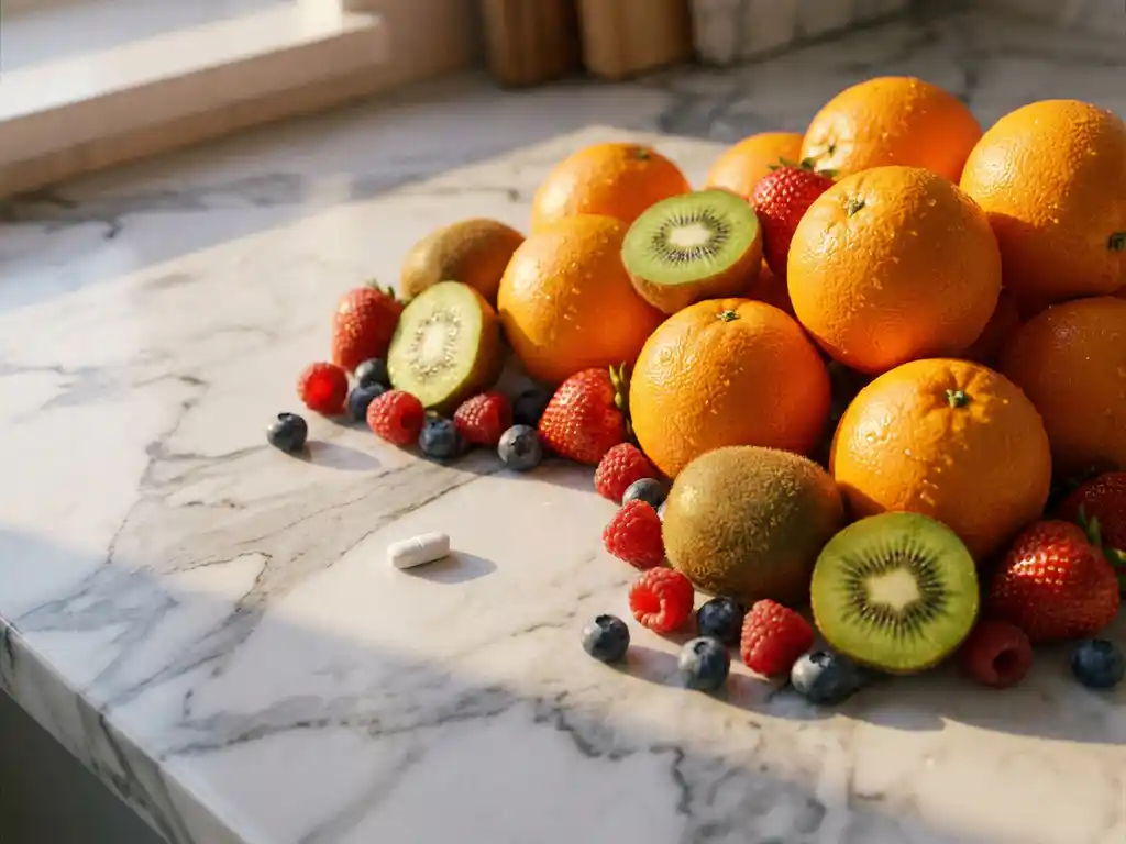 Verse sinaasappelen, bessen en kiwi's op marmeren ondergrond naast een wit supplement­tablet, verlicht door warm zijlicht.