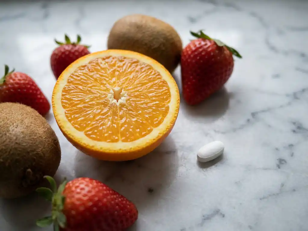 Doorgesneden sinaasappel met kiwi's, aardbeien en vitamine C-pil op wit marmer, bovenaanzicht in natuurlijk daglicht.