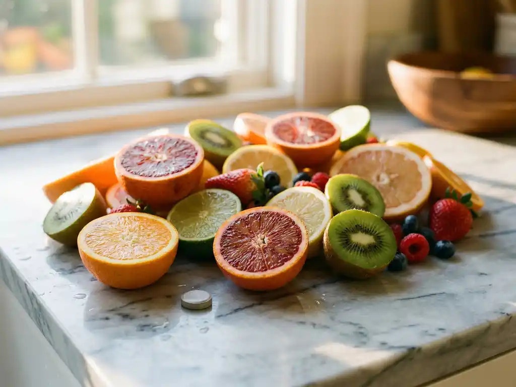 Verse citrusvruchten, bessen en doorgesneden kiwi op marmeren ondergrond met een zinkpil, verlicht door warm zijlicht.
