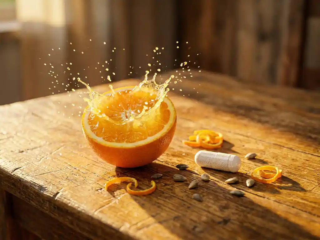 Doorgesneden sinaasappel met spatten sap naast een witte supplement capsule op rustiek houten oppervlak, warm gouden zijlicht.