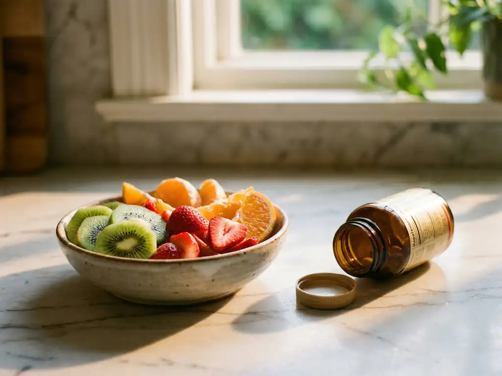 Kleurrijke fruitschaal met kiwi, aardbeien en sinaasappelpartjes naast een omgevallen supplementenpot op een marmeren aanrecht in ochtendlicht.