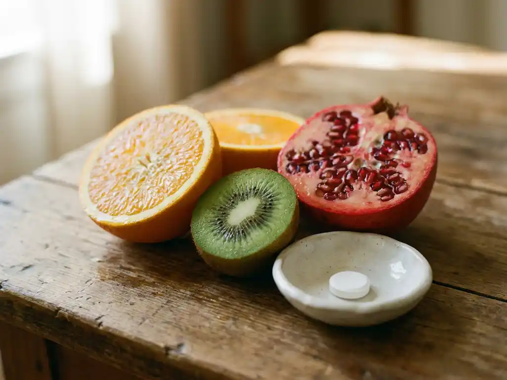 Gehalveerde sinaasappel, kiwi en granaatappel op verweerd hout naast een wit supplement tablet in een keramisch schaaltje.