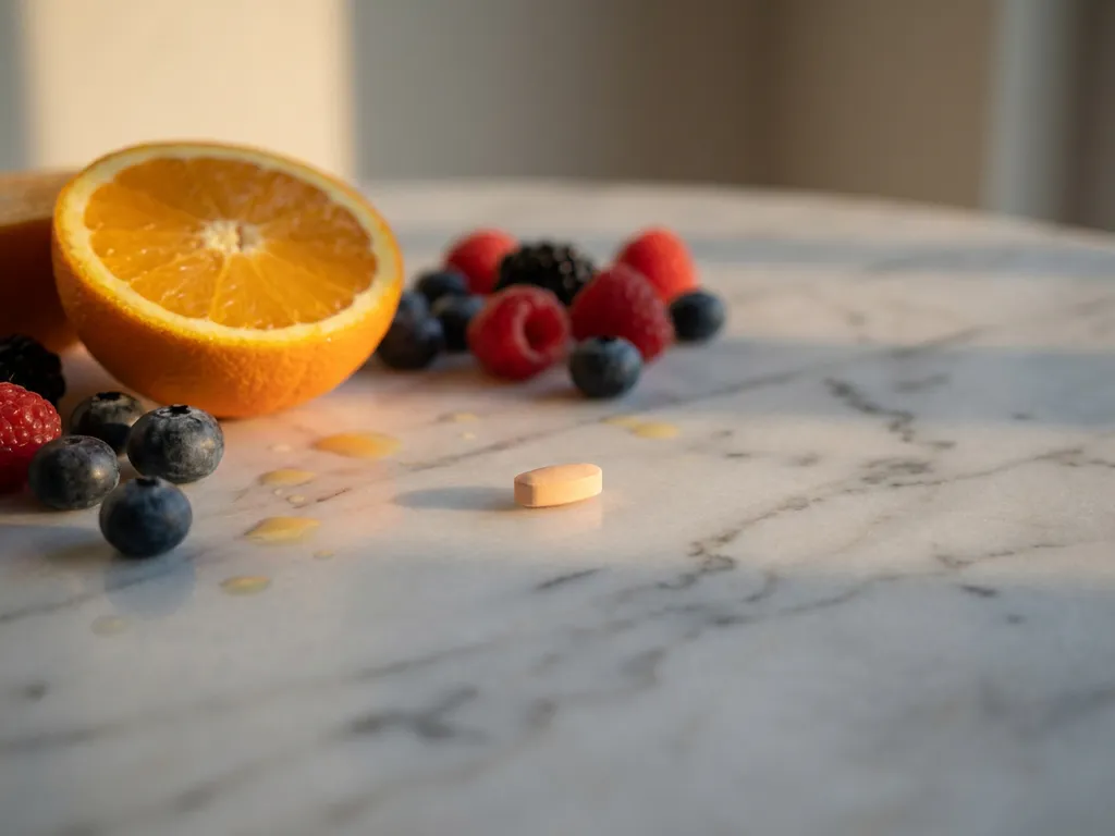 Klein vitaminesupplement op wit marmer, omringd door een gehalveerde sinaasappel en verse bessen in warm zijlicht.