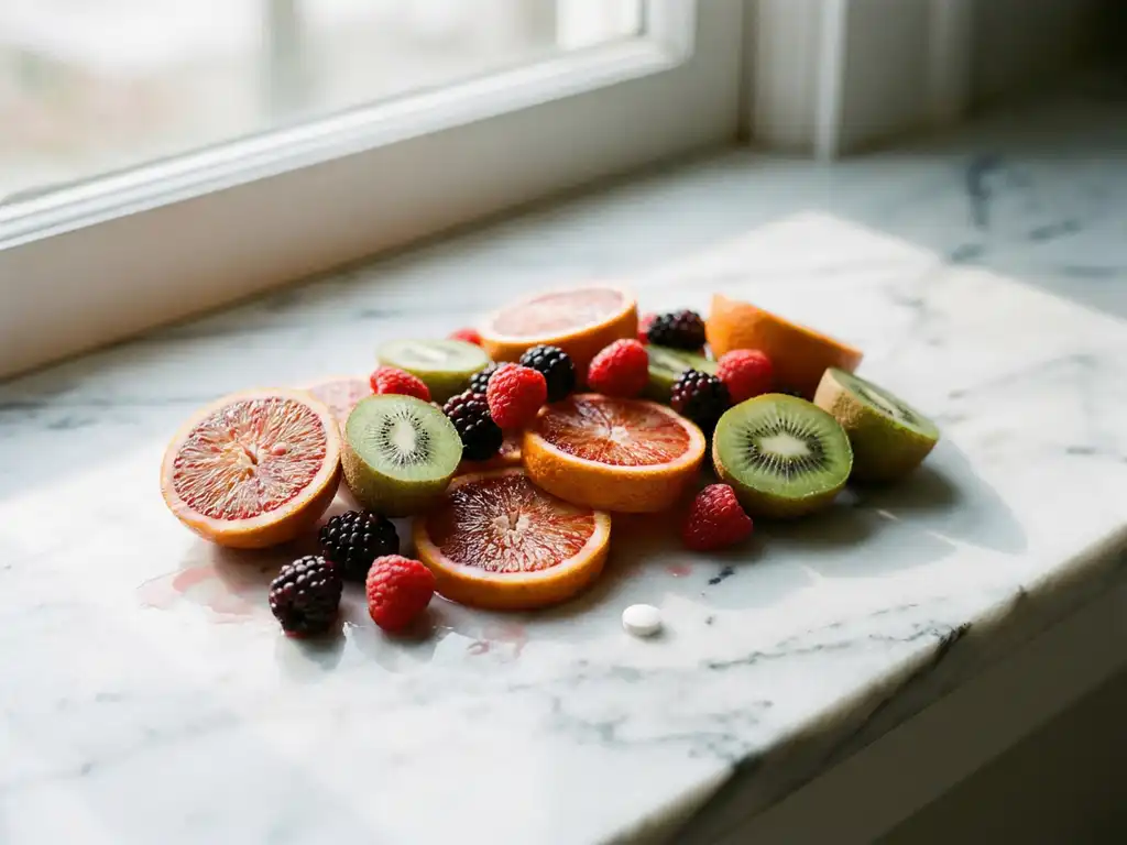 Verse seizoensfruit met sinaasappelschijfjes, bessen en kiwi naast een klein wit vitaminepilletje op marmeren ondergrond.